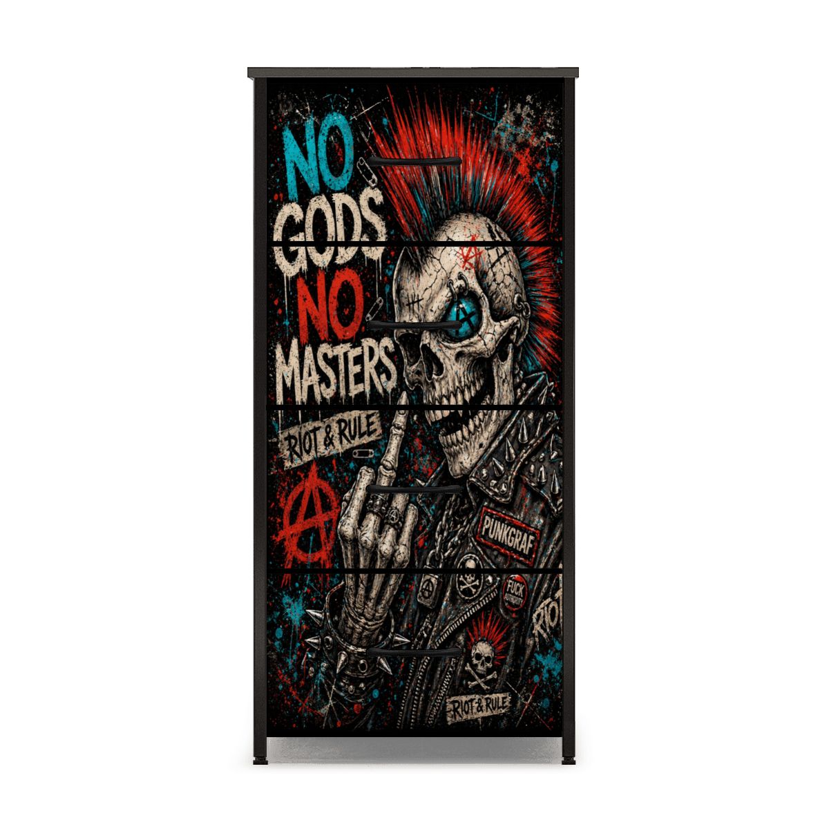 Punk Kommode Schubladenschrank NO GODS NO MASTERS Industrial Dresser Designer Möbel