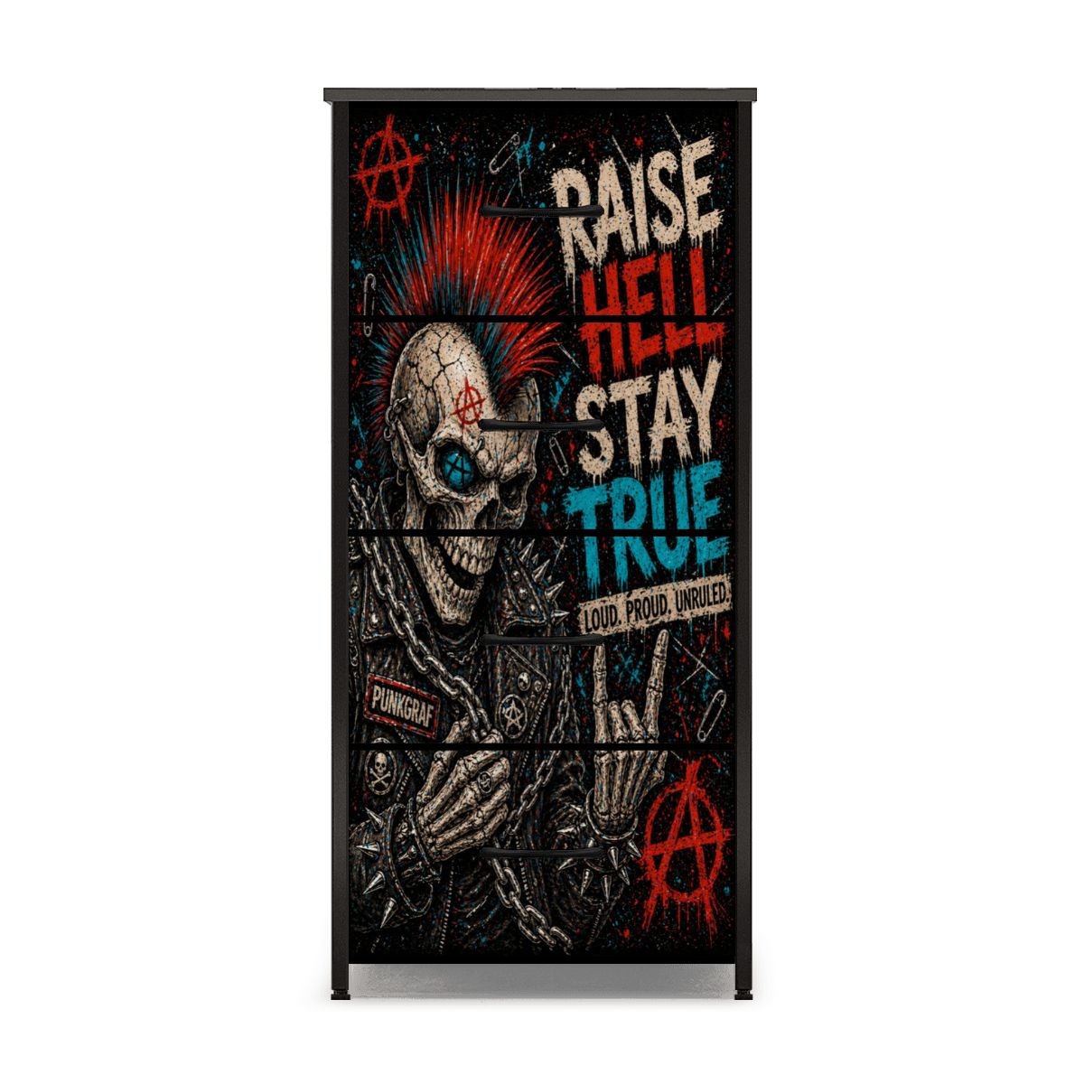 Punk Kommode Schubladenschrank, RAISE HELL STAY TRUE Designer Möbel, Rebellischer Dresser