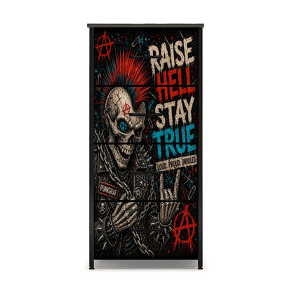 Punk Kommode Schubladenschrank, RAISE HELL STAY TRUE Designer Möbel, Rebellischer Dresser