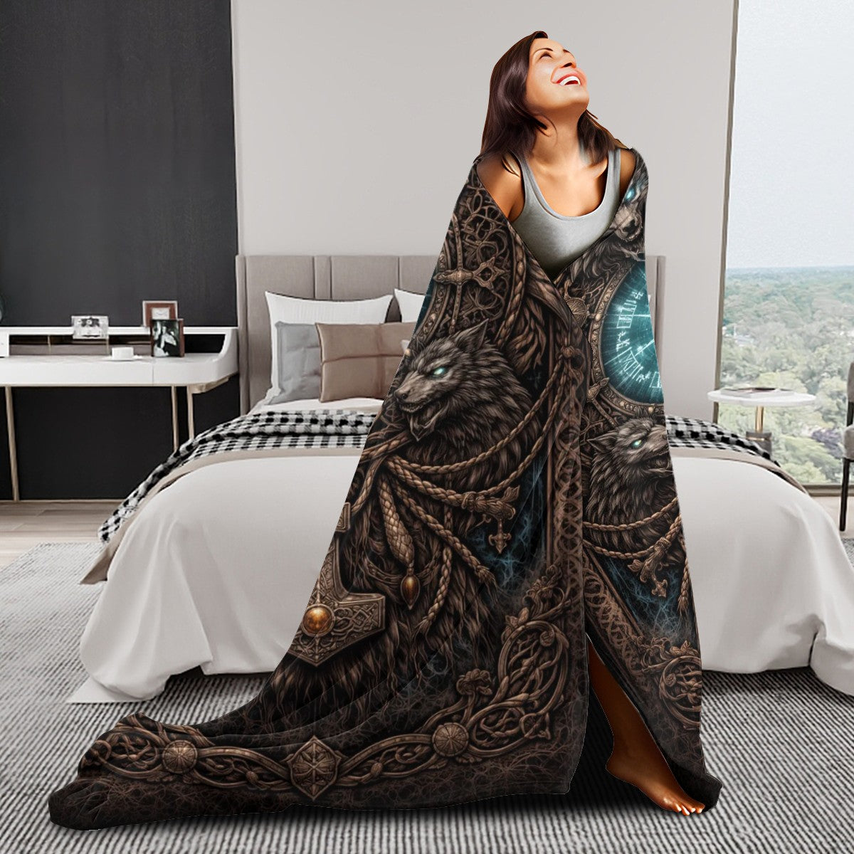 Gothicbro Keltische Flanelldecke Runenwächter mit Wölfen und Thorshammer