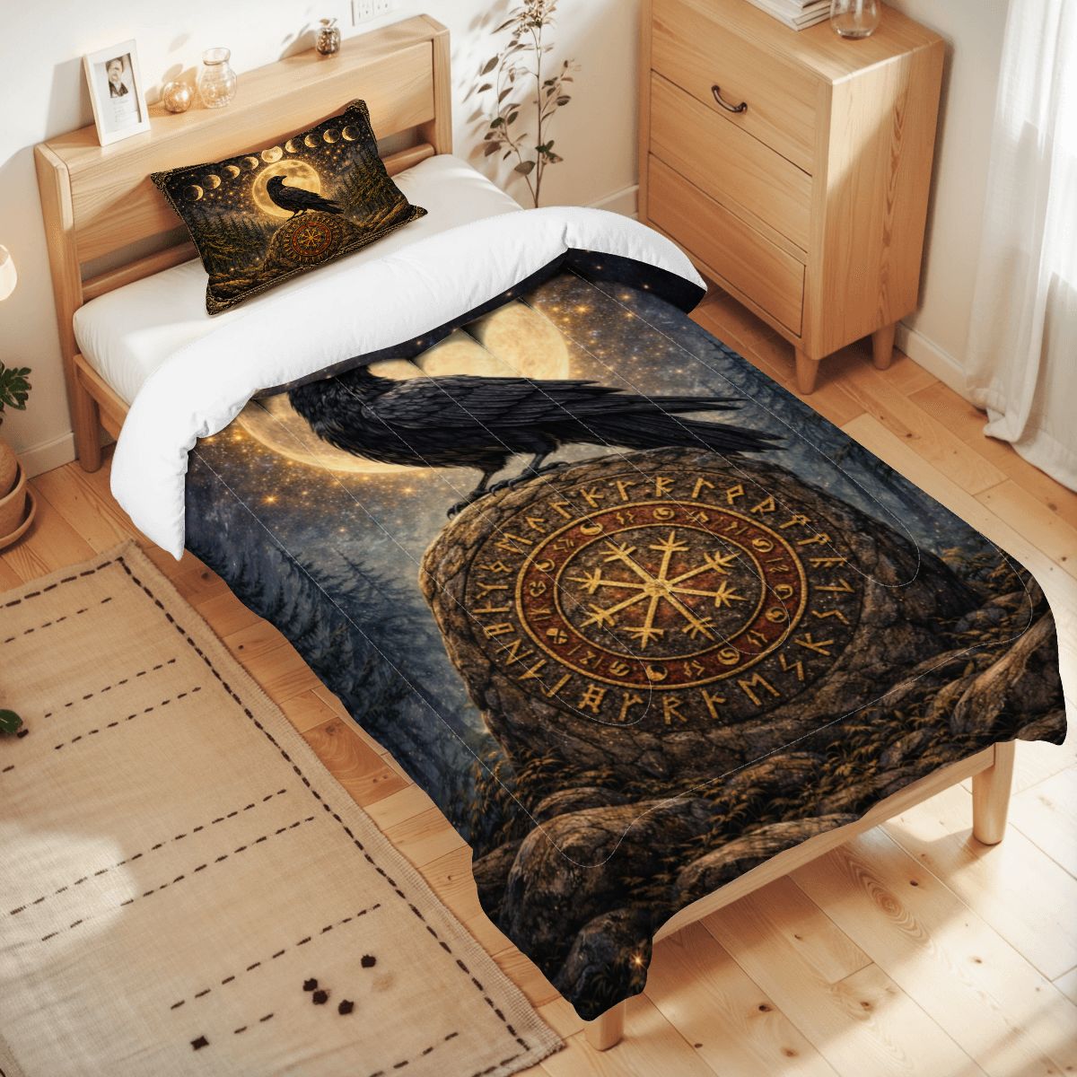 Gothic Bettwäsche mit Rabe auf Wikinger Runenstein, mystisches Comforter Set