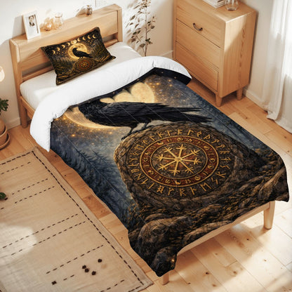 Gothic Bettwäsche mit Rabe auf Wikinger Runenstein, mystisches Comforter Set