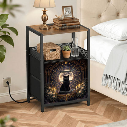Gothic Nachttisch mit schwarzer Katze, Mond auf Leder, Beistelltisch mit Schubladen & integrierte Steckdosenleiste
