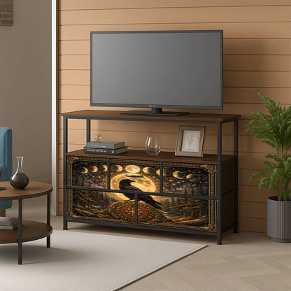 Gothic TV Sideboard Schrank mit Rabe auf Wikinger Runenstein - Keltisch Kommode mit Steckdosen und USB