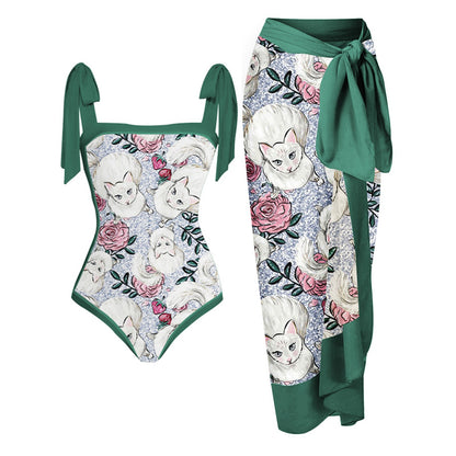 Muschibitch Badeanzug mit Strandrock, elegante Luxus Resort Sarong Grün White Cat Roses