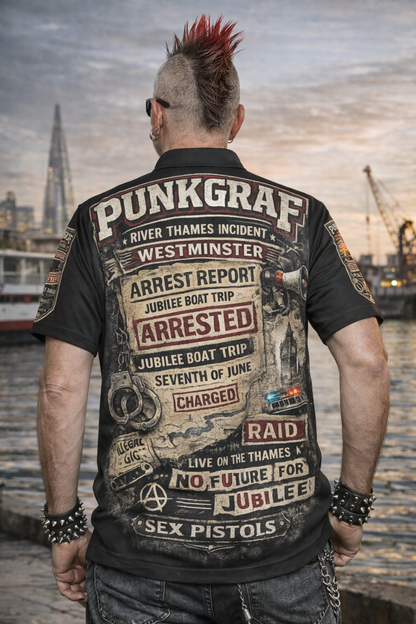 Poloshirt Sex Pistols London 1977 Westminster River Thames Riot Gig Allover Print Handmade Classic Fit, British Punk Fashion, by Punkgraf