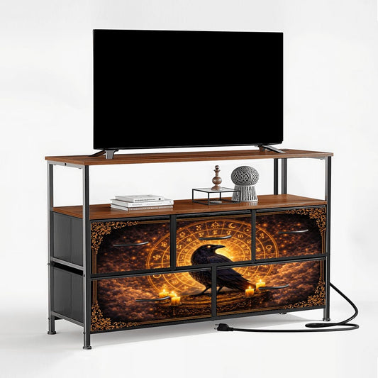 Gothic TV Sideboard im keltischen Wikinger Stil mit Raben & Runen - Kommode mit USB und Steckdosen