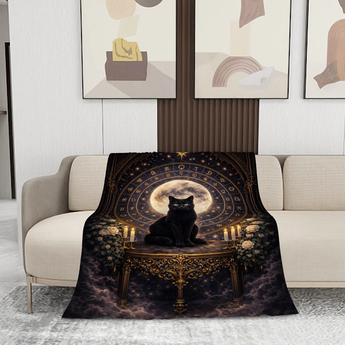 Gothicbro Kuscheldecke „Black Moon Familiar“ – Mystische Flanelldecke im Gothic-Stil