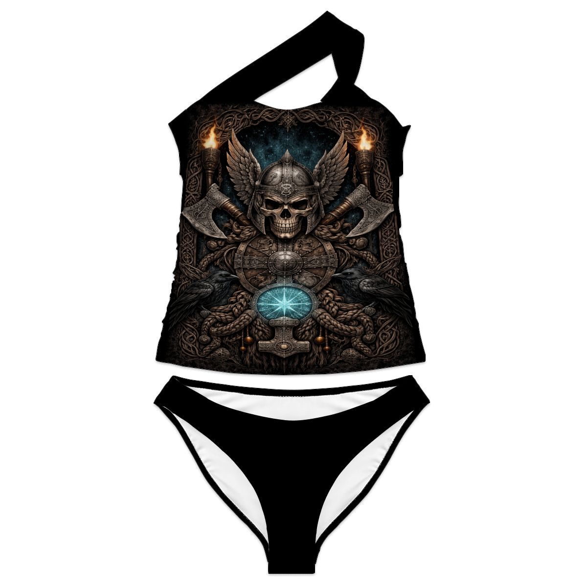Gothic Bikini Damen, One Shoulder Bikini Schwarz, Gothicbro Zweiteiler mit Wikinger Totenkopf Motiv