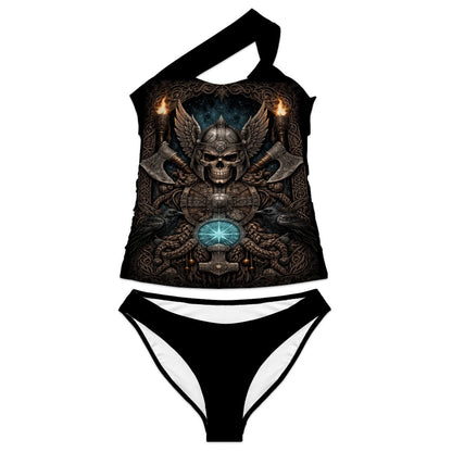 Gothic Bikini Damen, One Shoulder Bikini Schwarz, Gothicbro Zweiteiler mit Wikinger Totenkopf Motiv