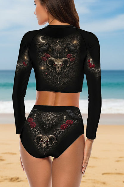 Gothicbro Rashguard Damen Langarm Bikini - Skull Swimwear Dark Romance Bademode Surfwear