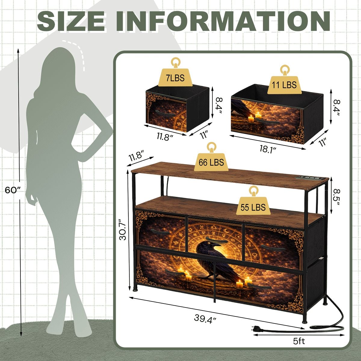 Gothic TV Sideboard im keltischen Wikinger Stil mit Raben & Runen - Kommode mit USB und Steckdosen