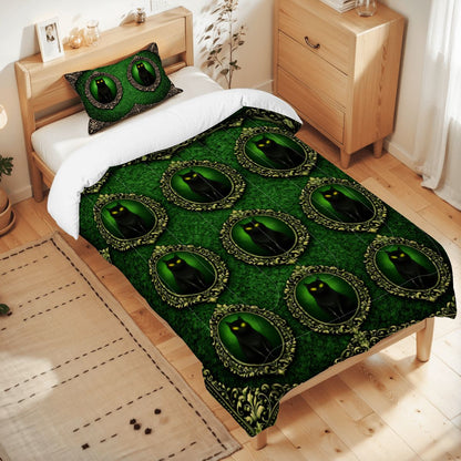 Gothic Bettwäsche grün, schwarze Katze, Twin Comforter Set Dark Aesthetic, Gothicbro Bettdecke mit Kissenbezug