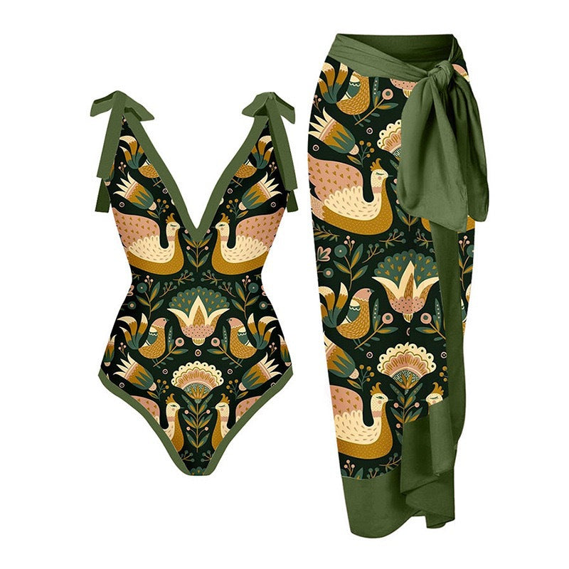 Muschibitch Luxus Designer Badeanzug mit Rock Green Swan