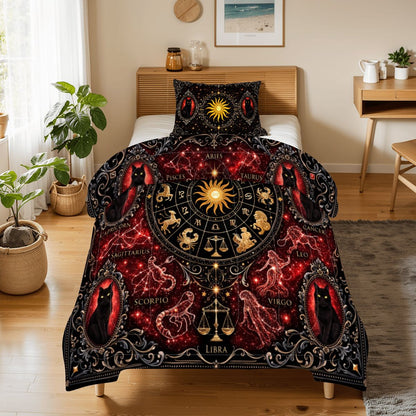Gothic Zodiak Bettwäsche rot Astrologie Sternzeichen mit schwarzer Katze in viktorianischen Stil