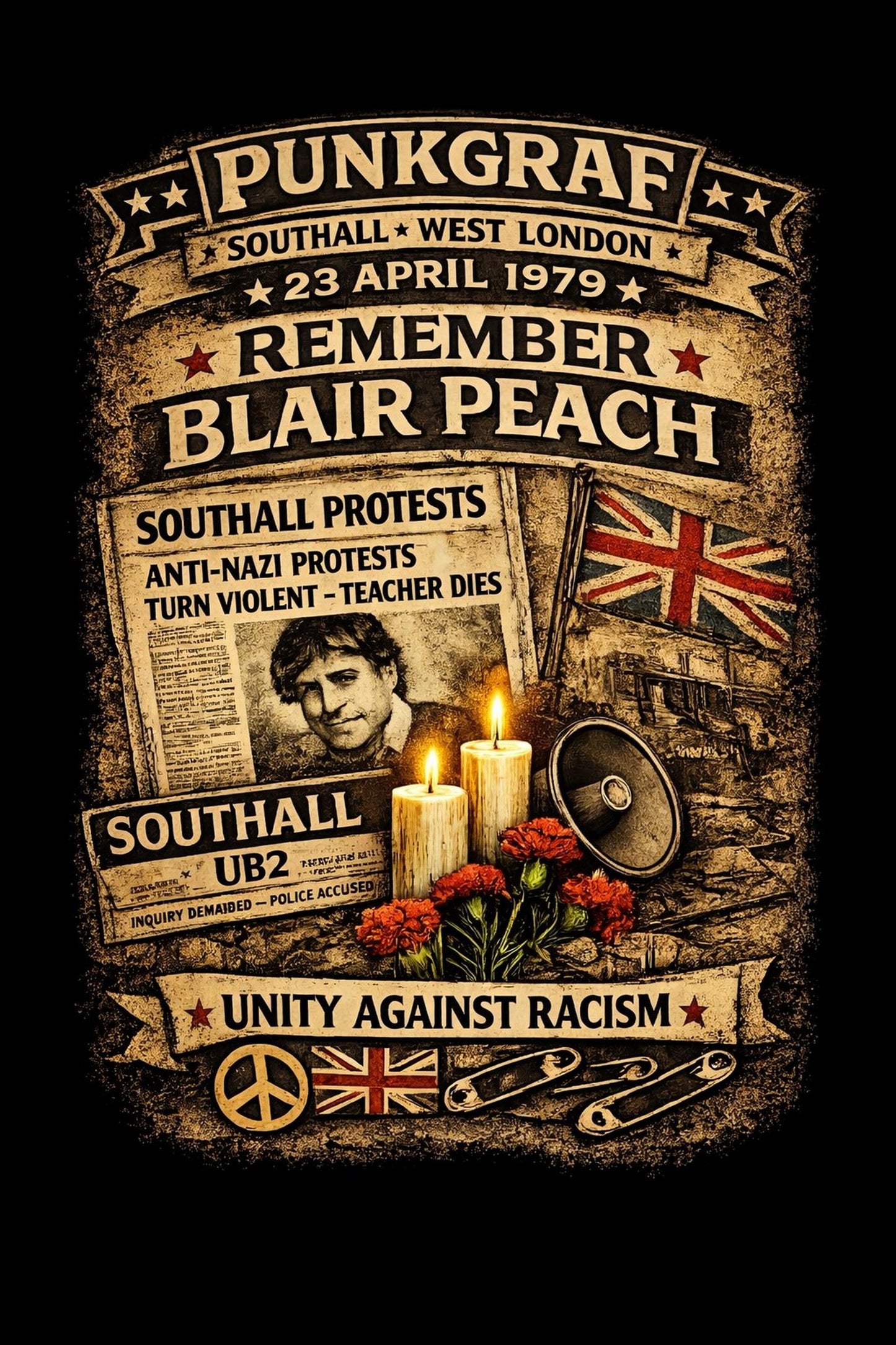 Blair Peach Remember Shirt, Southall 1979 Protest Collage AOP Handmade Print, West London Anti Nazi Rassismus Shirt, Unity Against Racism