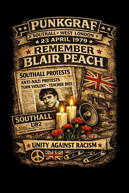 Blair Peach Remember Shirt, Southall 1979 Protest Collage AOP Handmade Print, West London Anti Nazi Rassismus Shirt, Unity Against Racism