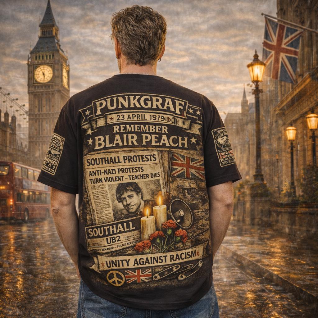 Blair Peach Remember Shirt, Southall 1979 Protest Collage AOP Handmade Print, West London Anti Nazi Rassismus Shirt, Unity Against Racism