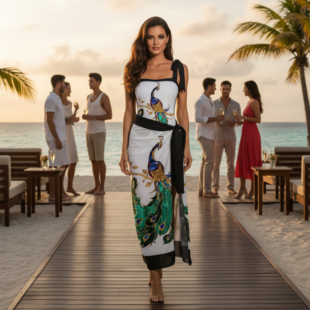 Muschibitch Eleganter Designer Badeanzug Damen Pfauenprint Set mit Sarong Weiß Schwarz