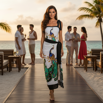 Muschibitch Eleganter Designer Badeanzug Damen Pfauenprint Set mit Sarong Weiß Schwarz