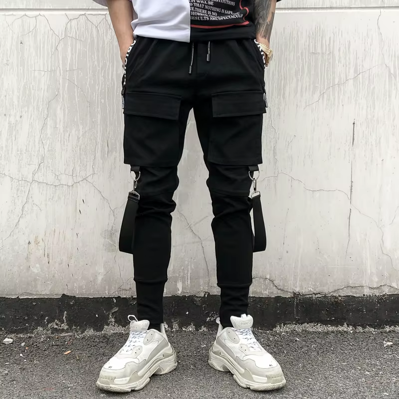 Punkgraf Designer Techwear Cargo Hose - Schwarz Multi-Pocket Street Punk Pant