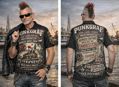 Poloshirt Sex Pistols London 1977 Westminster River Thames Riot Gig Allover Print Handmade Classic Fit, British Punk Fashion, by Punkgraf