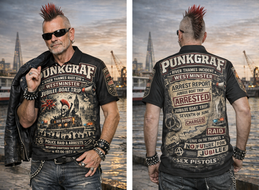 Poloshirt Sex Pistols London 1977 Westminster River Thames Riot Gig Allover Print Handmade Classic Fit, British Punk Fashion, by Punkgraf