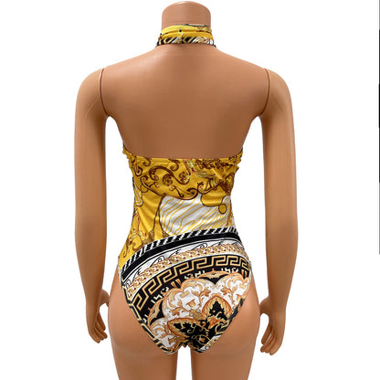 Muschibitch Barock Beachwear Badeanzug Set, Luxury Sexy Hollow Print Long Sleeve Shawl Resort Outfit