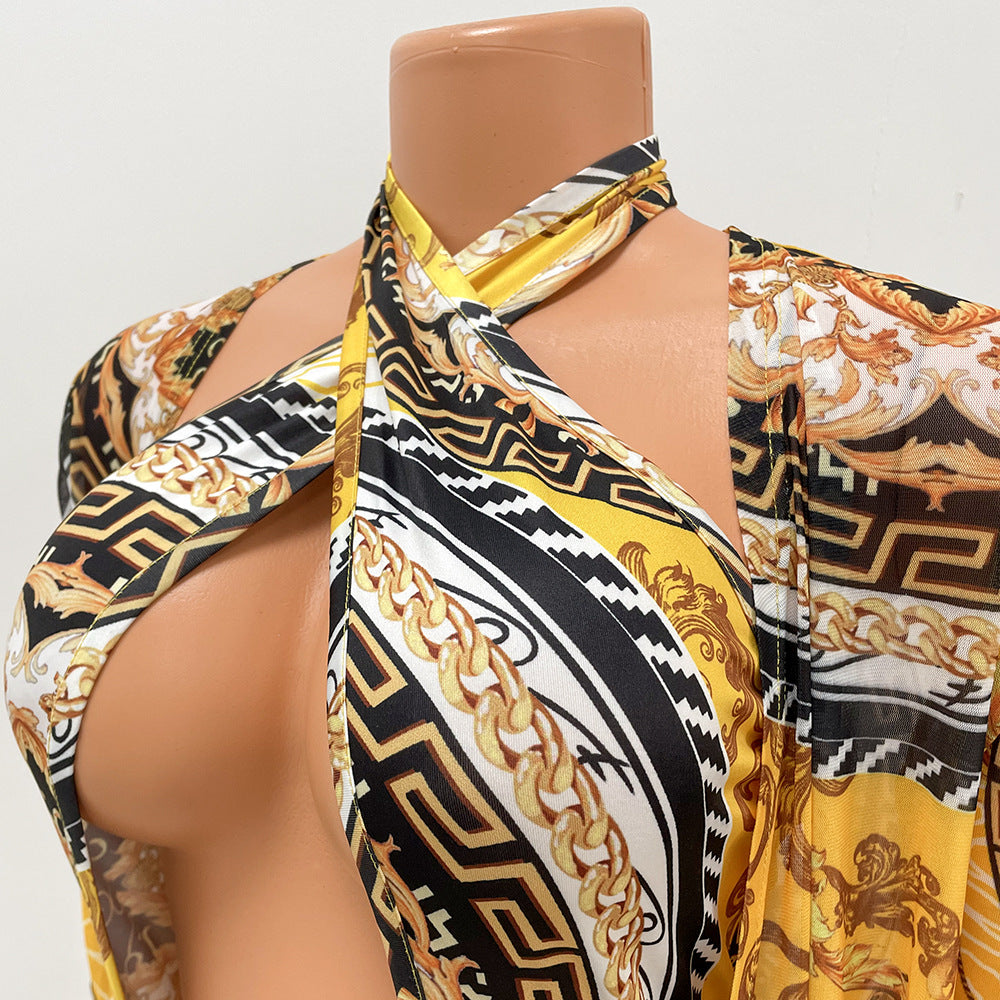 Muschibitch Barock Beachwear Badeanzug Set, Luxury Sexy Hollow Print Long Sleeve Shawl Resort Outfit